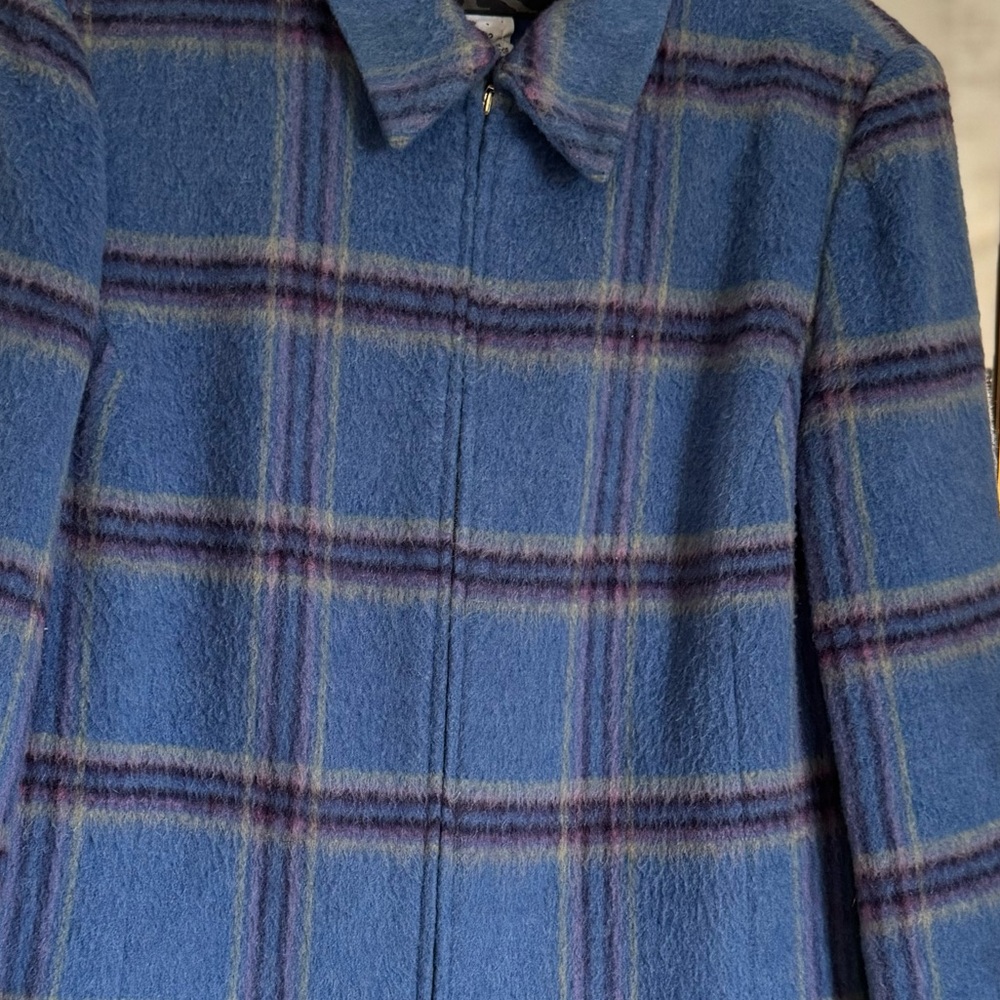 Vintage Wool Plaid Jacket ✨ Cropped Blue Preppy Fall Blazer Chic Zip Up Coat - Picture 3 of 6